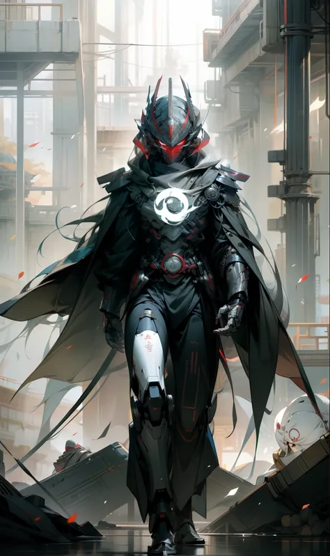 male people，The helmet of an ancient Chinese general，Red mask，Strong males，Huge shoulder armor，Tall mech，Silver-white body，The white，Use the plasma sword，There is a dragon particle effect，Yin and Yang gossip，Formation，mechanical sense，sense of strength，Sen...