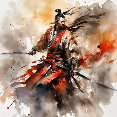 Samurai in the sky, clouds, action pose, intense expressive essence of brush strokes art, raw energy and emotion of brushwork, in the art style of Raymond Swanland, Parvati