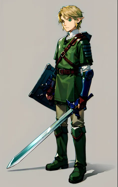 a 19-year-old boy, 1 boy,  solo, blonde short hair parted in the middle, mans short hair, without a beard, without a goatee, no facial hair, silver and dark green colored medieval knight armor, green clothes, link,(combat boots), gloves(muscular:0.4), (bei...