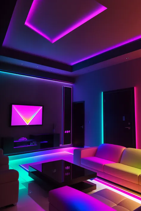 interior living room, rainbow lighting, colored lighting, volumetric rainbow lighting, colorful lighting, rgb gamer toilet, led ...