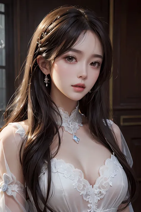 (masuter piece:1.3)、(8k、Photorealsitic、RAW Photography、top-quality: 1.4)、(1girl)、beautiful countenance、(lifelike face)、(Brown ash、semi long hair:1.3)、Beautiful hairstyle、realisticeyes、Beautiful details、（real looking skin）、Beautiful skins、（lace dresses）、abs...