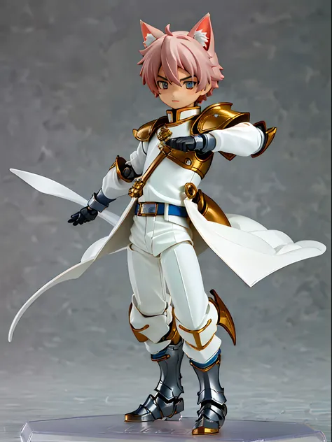 ((younge boy))，Sense of childhood，Anime male protagonist，Handsome，Cat ears，Full body knight armor set，White armored gloves，White trousers，Racing boots，tchibi，blindbox，Clay texture，Best quality，Normal limb count，a 3D render，vinyl toy figurine。8K quality，Run