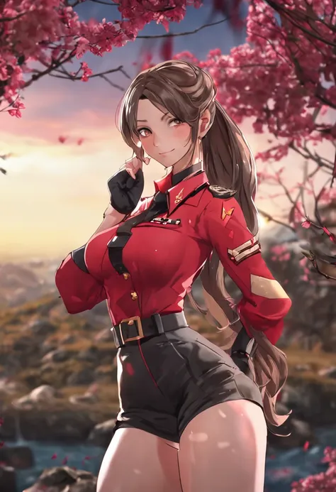 Sexy, big breasts, village in the background, miniskirt, bust shot, ponytail, military uniform, crimson color