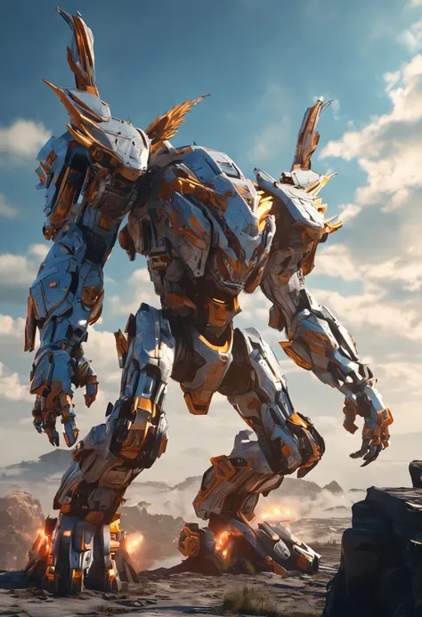 Mechs in the sky fight dragons: The mech held a sword，Slash at the dragon。The dragon dodges and spews flames。White clouds float in the sky during the day，The mechs in the distance reflected the sunlight。(high detal)(the Sun Shining)(Castle in the sky)(high...