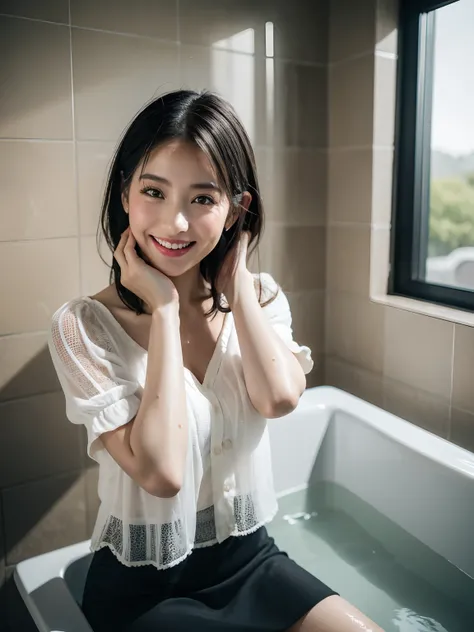 1girl，The girl sat in the bathtub laughing，hands on face, in bathroom, tinas, photoshoot for skincare brand, in bathroom, with backdrop of natural light, with a seductive smile, exclusive, Relaxed, shot on canon eos r 5, shot on a Canon EOS R5, wet blouses...