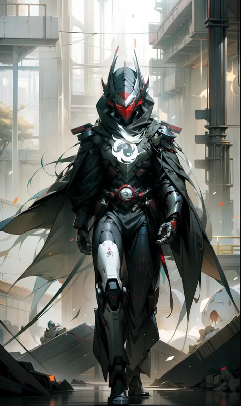 Red mask，The helmet of an ancient Chinese general，male people，Strong males，Huge shoulder armor，Tall mech，Silver-white body，The white，Use the plasma sword，There is a dragon particle effect，Yin and Yang gossip，Formation，mechanical sense，sense of strength，Sen...