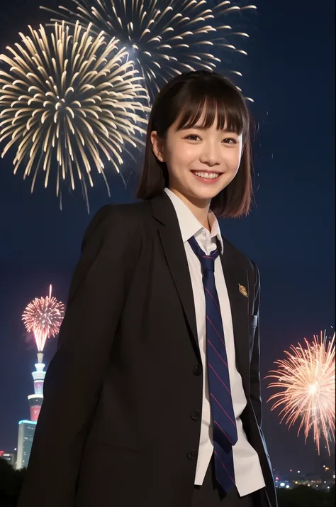 A smile、hi-school girl、校服、While doing fireworks、mare、Tokyo Skytree