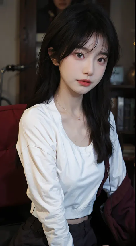 best qualtiy， 超高分辨率， （realisticlying：1.4），Baoyu Girl，1girll, Long straight hair，Looking into the distance，Bigchest，Cropped red sweater，a sense of atmosphere，Beautiful woman with a slim figure:1.4, Abs:1.4,,Ultra-fine face，Elaborate Eyes，二重まぶた，choker neckla...