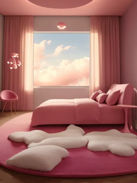 brightly colored bedrooms with pink beds and pink chairs, brightly lit pink room, fluffy pink anime clouds, photorealistic room,...