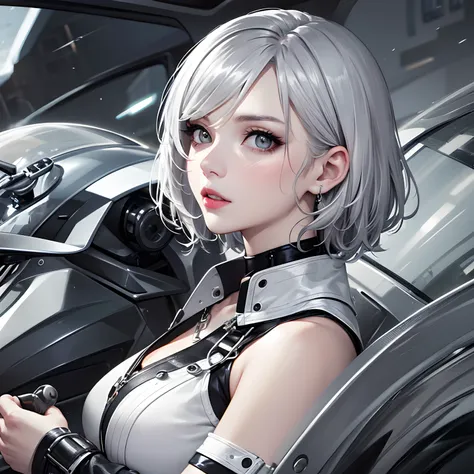 ​masterpiece、top-quality、hight resolution、High-quality images、8K、1womanl、Monochrome grayscale、detaileds、Detailed eye depiction、skin gloss、shiny short silver hair、、Nomiya、portlate、motor cycle、lipsticks