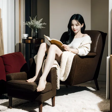 there is a woman sitting in a chair reading a book, comfortable chair, cozy arm chairs, in a comfortable chair, very cozy], designed for cozy aesthetics!, sitting in bedroom, very cozy, sit on chair, Lazy, sitting relax and happy, cozily, armchair, sit on ...