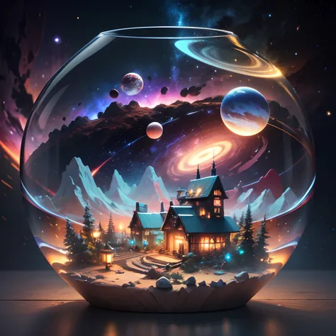 a realistic  space landscape,the image should be highly eye-catching and visually stunning,with intricate details of stars,planets,nebulae,and other colourful elements,masterpiece,8k,a retro style miniature store in a glass container, in the style of neon-...