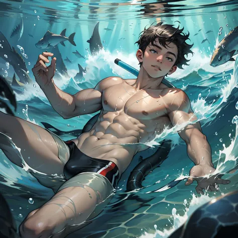 A boy swims in the deep sea