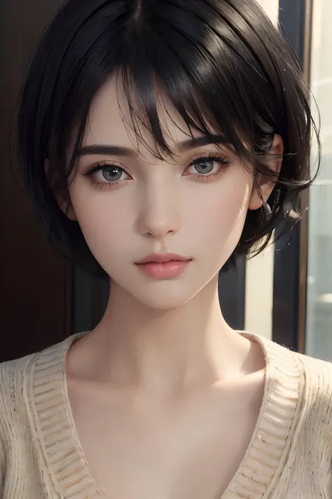 (masterpiece:1.3), (8k, photorealistic, RAW photo, best quality: 1.4), (1girl), beautiful face, (realistic face), (black hair, short hair:1.3), beautiful hairstyle, realistic eyes, beautiful detailed eyes, (realistic skin), beautiful skin, (sweater), absur...