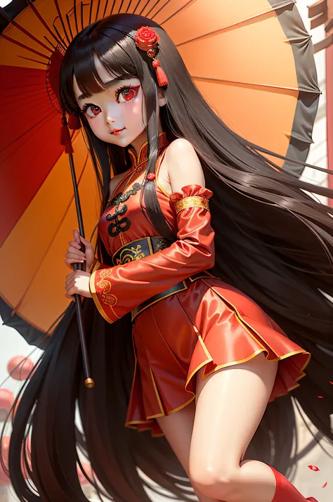 Chinese style girl Big eyes Bright color background Chinese style Soft long hair Fair skin Long legs Protective slightly side face Cute melon seed face Red eyes Willow eyebrows Smile Straight nose Cute red lips Thin legs Loli face Red stockings Chinese sty...