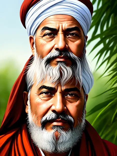 there is a man with a white beard and a white turban, inspired by Kailash Chandra Meher, inspired by Sardar Sobha Singh, mogul khan, concept art of a monk, detailed painting 4 k, a portrait of the character, beautiful character painting, wise old indian gu...