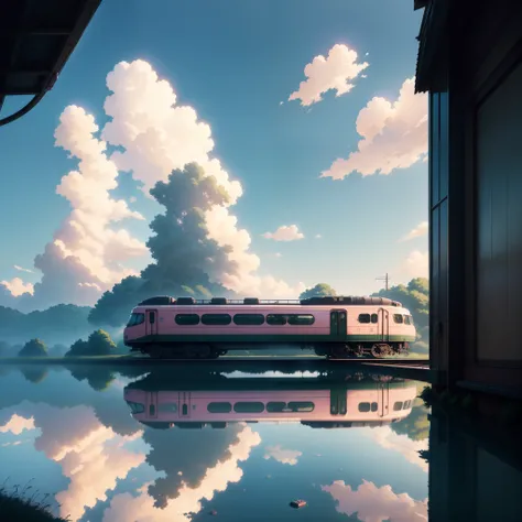 Masterpiece, anime train on tracks through a body of water, pink train. Romantic Train, Makoto Shinkai&#39;s picture, pixiv, concept art, lofi art style, reflection. by makoto shinkai, lofi art, beautiful anime scenes, anime scenery, detailed scenery—width...