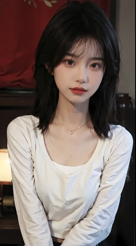 best qualtiy， 超高分辨率， （realisticlying：1.4），Baoyu Girl，1girll, with long coiled hair，Looking into the distance，nedium breasts：1.4，Cropped red sweater，a sense of atmosphere，Beautiful woman with a slim figure:1.4, Abs:1.4,,Ultra-fine face，Elaborate Eyes，二重まぶた，...