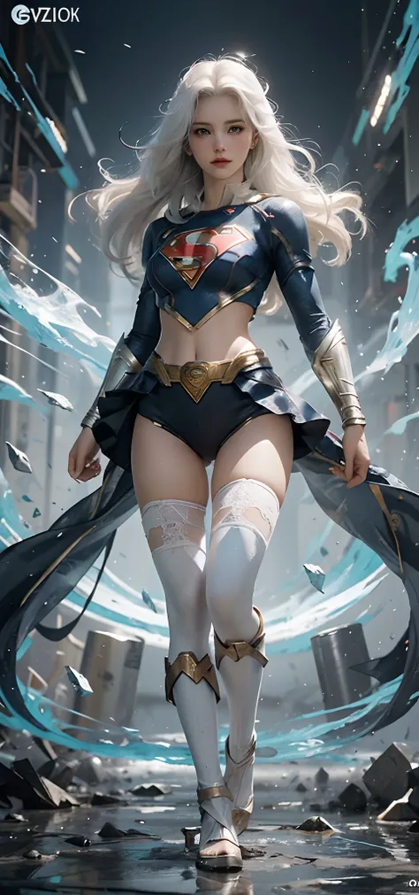 Full body portrait of a woman with white hair，Belle peinture de personnage，Guviz，Guviz-style artwork，Supergirl，Wearing a Superman uniform，Epic and beautiful character art，Stunning character art，Guvitz at the Pixiv Art Station，Bigchest，Leakage of exposed mi...