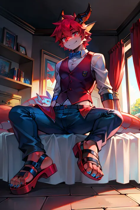 robo dragon，Red dragon，Wear a white vest，blue short pants，Plastic sandals，sit on a bed