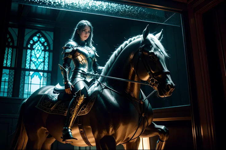 photorealism, mystical atmosphere, etched glass on royal knight, intricately detailed, black lighting, neon glow, professional art work, cinematic still and angle, perfection, photo realistic, insanely detailed,