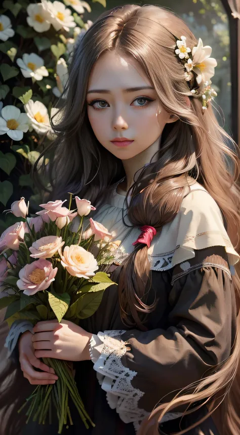 Create a hyper realistic masterpiece with the best quality featuring a girl with long flowing hair against a background of beautiful flowers. Ensure the image is highly detailed and in stunning 8k resolution with perfect lighting