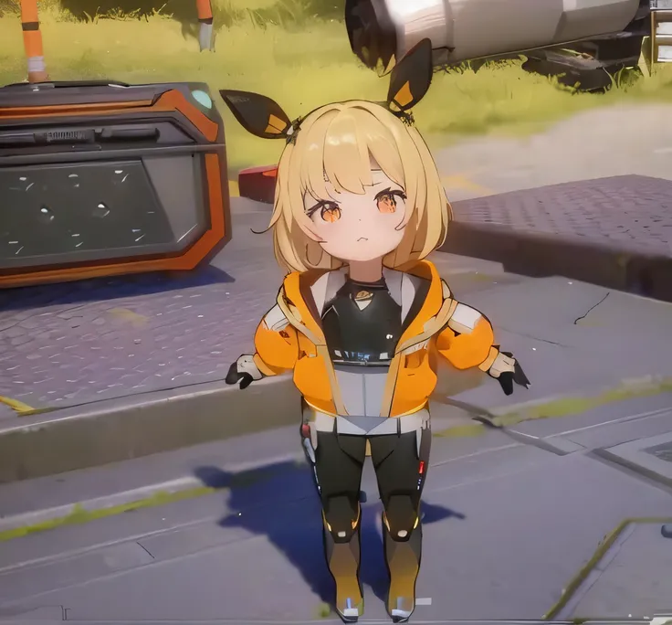 Screenshot of a woman in a yellow jacket standing in front of a machine, ayaka game genshin impact, A scene from the《azur lane》videogame, Ayaka Genshin impact, wearing cybernetic bunny ears, azur lane style, Katana Zero video game character, cute character...