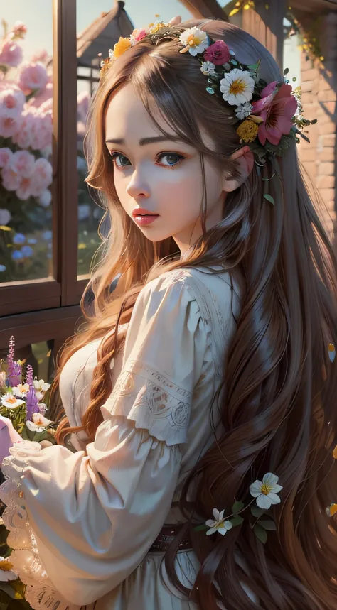 Create a hyper realistic masterpiece with the best quality featuring a girl with long flowing hair against a background of beautiful flowers. Ensure the image is highly detailed and in stunning 8k resolution with perfect lighting