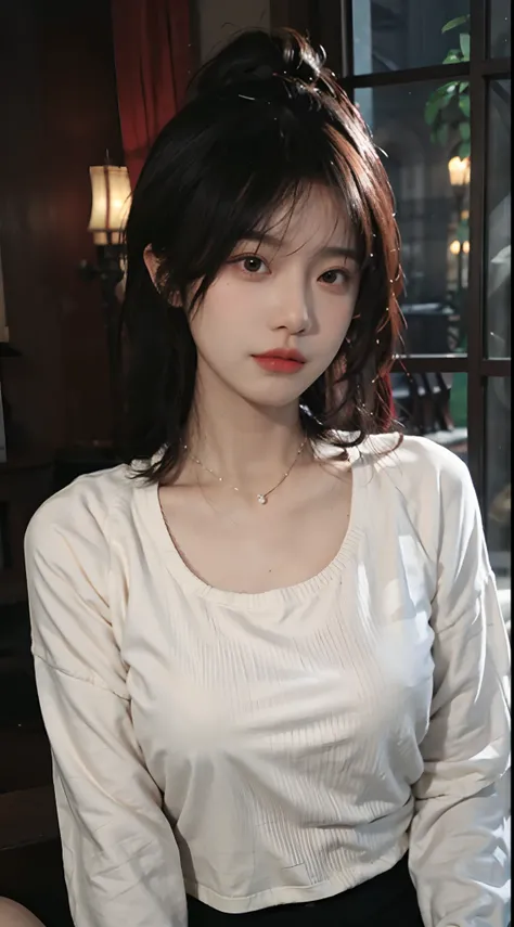 best qualtiy， 超高分辨率， （realisticlying：1.4），Baoyu Girl，1girll, with long coiled hair，Looking into the distance，nedium breasts：1.4，Cropped red sweater，a sense of atmosphere，Beautiful woman with a slim figure:1.4, Abs:1.4,,Ultra-fine face，Elaborate Eyes，二重まぶた，...