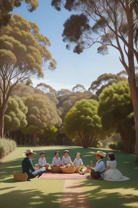 Date: 1853
Country: Australia
Description: Amidst the eucalyptus trees of a New South Wales estate, a family picnics on a sun-dappled lawn.