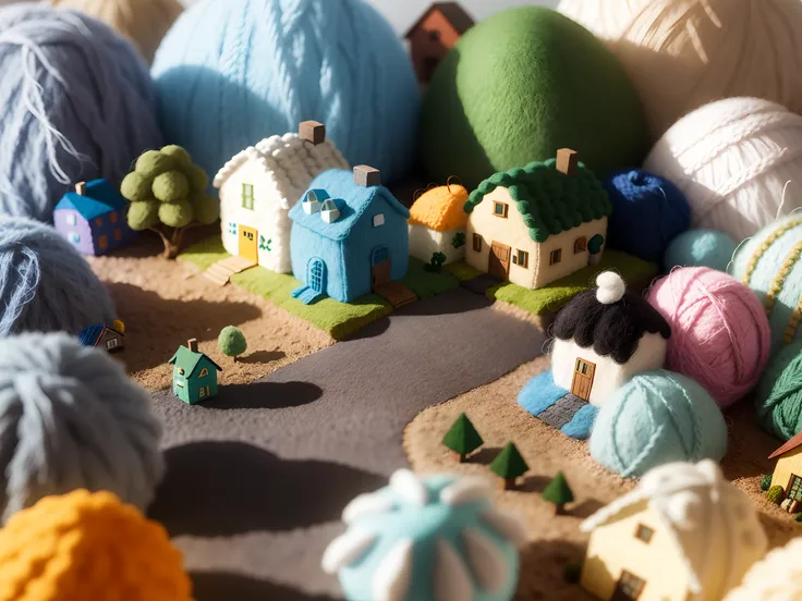 cute world of wool felt, wool knitted fabric, cartoon, some small houses, farms, barracks, warehouses, flower houses, super cute, superb lighting, volumetrics, by Jon Klassen, Ghibli Studio style, Tilt - shift, 80mm lens, Large aperture, 3d, blender, maste...