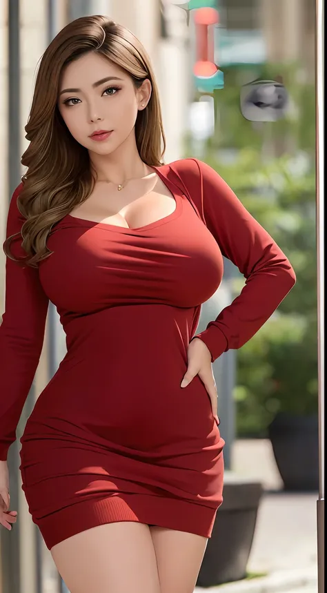 (Extremely detailed, underground parking, fine, slightly fat, busty, big breasts, big breasts, M cups, sexy, red crewneck dress, conservative, refined face, large aperture)