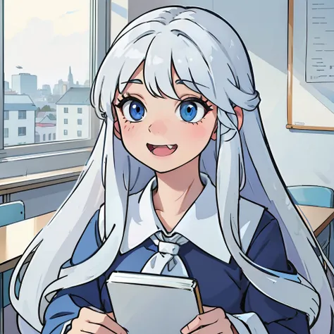 one-girl，long  white hair，blue color eyes，in class room，prette，Laughed happily