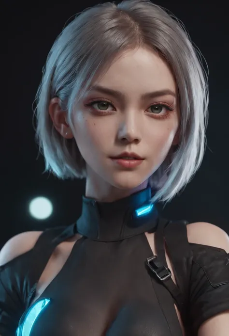 (8k, RAW photo, best quality, masterpiece:1.2), (realistic, photo-realistic:1.37),(Kpop idol), (aegyo sal:1),cute,professional lighting, photon mapping, radiosity, physically-based rendering, cosplay, lucy (cyberpunk),bob cut,mechanical parts,grey eyes, bl...