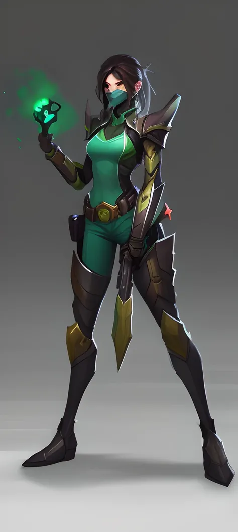 high qulity，Delicate and detailed female viper concept art，Clean style，Brave characters，Green clothes，Hold the green object，Valorante skin，She is an important character in the Valorante game，Show the strength and charm of women，Echoes of Valorante，Full det...