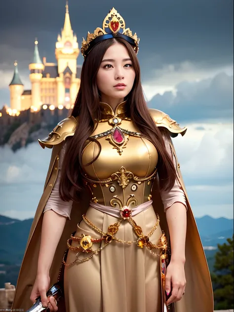 Professional , ​masterpiece、top-quality、photos realistic , depth of fields （Gemstone Silver Metal Body:1.９),(Matte yellow、Jewel Gold Weapon、（Gorgeous castle background）、（Jewel Metal Body:1.４),（Gorgeous Jewel Metal Weapons） , （Detailed Sword of the Brave） ,...