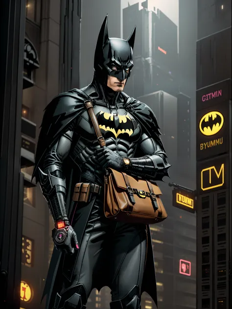 "Close-up, award-winning photo of Batman holding a large brown handbag inside a brutalist building with intricate angular cybernetic implants, set in a gothic brutalist cathedral. The scene is cyberpunk, featuring bokeh and vibrant neon lights, with Batman...