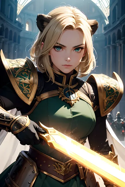 best quality, masterpiece, highres, extremely detailed woman, solo, posture with a large sword, sharp focus, colosseum, cinematic lighting, Royal Knight, masterpiece illustration, intricately detailed, adeptus astartes, blonde short hair, slicked back, for...