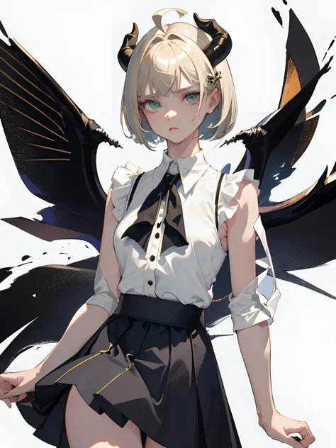 ((masterpiece, best quality)), (1girl), (solo), (female focus), (ahoge, ash blonde hair, short hair), green eyes, ((white shirt), (buttoned shirt)), ((black skirt), (short skirt)), standing, white background, arms behind back, bat wings on the waist, sheep...