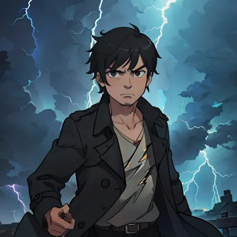 A middle-aged man with short black hair and a trench coat，Thunder and lightning in hand，The expression is serious，Surrounded by lightning and lightning，Supernatural abilities