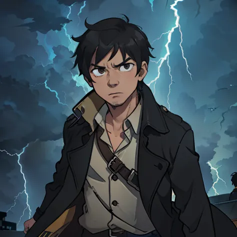 A middle-aged man with short black hair and a trench coat，Thunder and lightning in hand，The expression is serious，Surrounded by lightning and lightning，Supernatural abilities