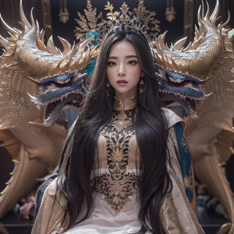 16k（tmasterpiece，k hd，hyper HD，16k）Long flowing black hair，Jewelry quarter in the back room，Brunette King ，Dragon Protector （realisticlying：1.4），Python pattern robe，Purple-pink tiara，Snowflakes fluttering，The background is pure，Hold your head high，Be proud...