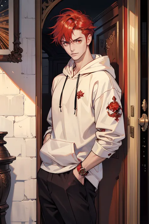 Masterpiece, Best quality, 1 male, 18-year-old youth, Tall, Handsome, Frontal portrait shot, Intricate details, Fine eyes, Red eyes, Intricate details, Red bracelet, Doorway to the island lodge, Red hair, Partial distribution, Hoodie, Casual trousers, Arro...