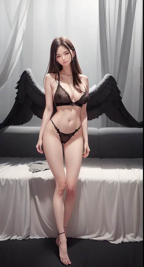 araffe angel wings on a models body on the runway, victorias secret model lying on couch, grand angel wings, victorias secret, full - body majestic angel, angelic wings on her back, wide angel shot, wings lace wear, super wide angel, tall female angel, wea...