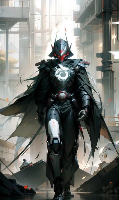 Red mask，The helmet of an ancient Chinese general，male people，Strong males，Huge shoulder armor，Tall mech，Silver-white body，The white，Use the plasma sword，There is a dragon particle effect，Yin and Yang gossip，Formation，mechanical sense，sense of strength，Sen...