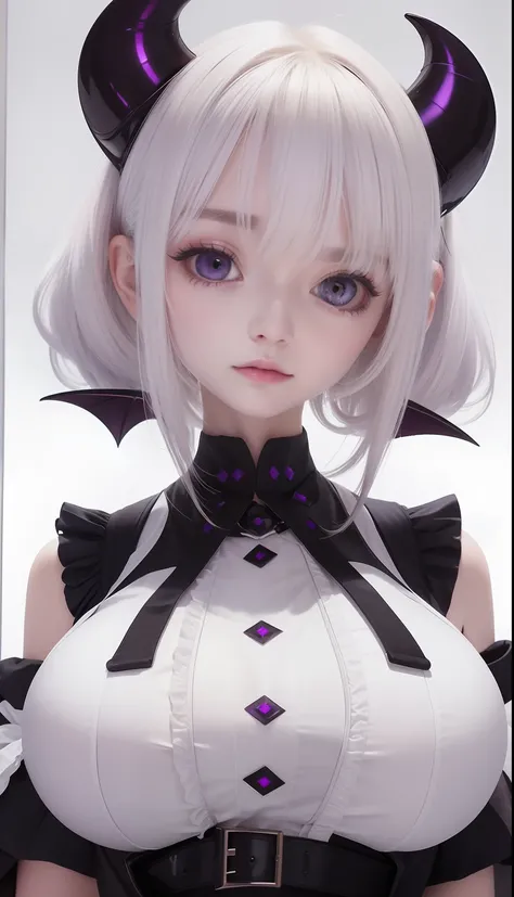 White color delicate texture hair，Deep purple pupils，Sexy and shiny big breasts，Clothes cover the chest，This is a succubus beautiful girl