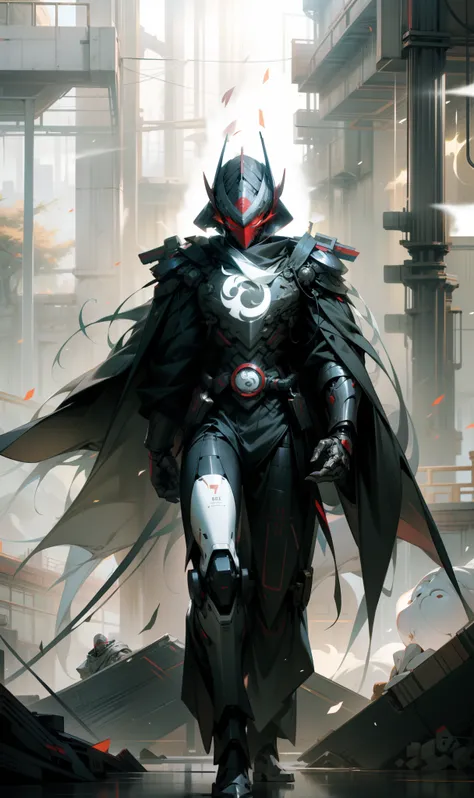 Red mask，The helmet of an ancient Chinese general，male people，Strong males，Huge shoulder armor，Tall mech，Silver-white body，The white，Use the plasma sword，There is a dragon particle effect，Yin and Yang gossip，Formation，mechanical sense，sense of strength，Sen...