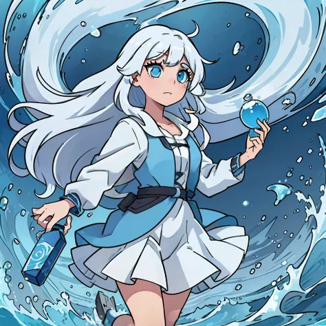 one-girl，long  white hair，blue color eyes，Surrounded by water waves，Holding a water balloon in his hand，Supernatural abilities