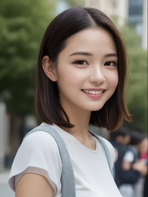 （（best qualtiy，8k，tmasterpiece：1.3））， 1girll， Happy smile and toothless， full bodyesbian， slim， Beautiful woman， with short dark brown hair， Gray loose T-shirt with a black shorts on the top，espadrilles， Carry a shoulder bag，Super detailed face， Detailed e...