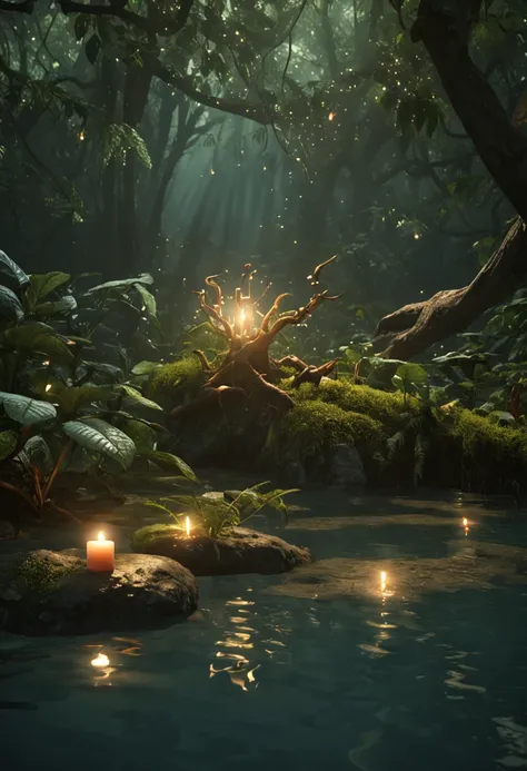 Masterpiece, best quality, (very detailed CG unity 8k wallpaper), (best quality), (best illustration), (best shadows), glow sprite, with a glowing deer, in the swimming pool Drinking water, natural elements in the forest theme. Mysterious forest, beautiful...